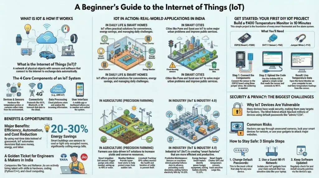 Beginner's guide to Internet of Things (IoT) infographic showing core components, benefits, real-world applications in smart homes and cities, DIY project tutorial, and security best practices