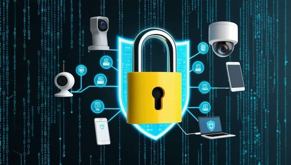 A glowing yellow digital padlock centered in front of a binary code background, connected by secure lines to various IoT devices including surveillance cameras, smartphones, and laptops.