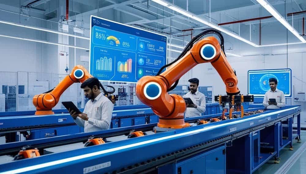Technicians monitoring orange robotic arms on an automated assembly line in a modern smart factory, with digital holographic screens displaying production metrics.