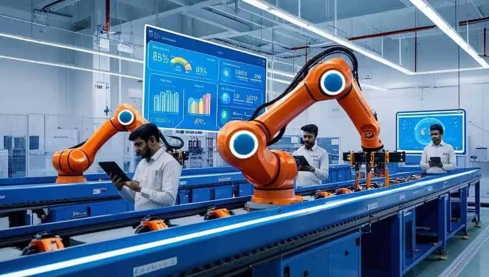 Technicians monitoring orange robotic arms on an automated assembly line in a modern smart factory, with digital holographic screens displaying production metrics.