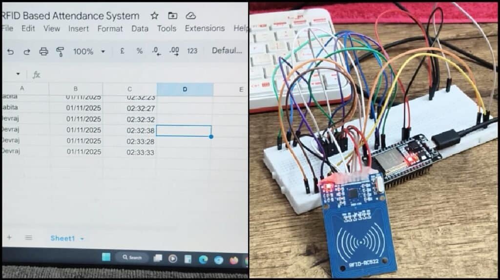 Split screen showing a Google Sheets interface logging attendance data on the left, and the physical ESP32 wiring with an RC522 RFID module on the right.