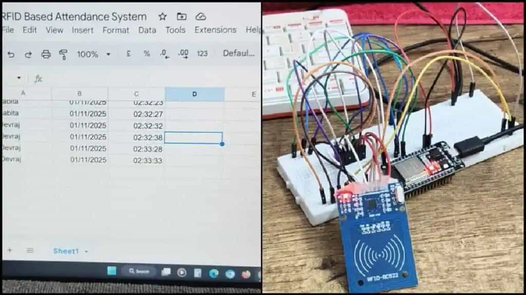 Split screen showing a Google Sheets interface logging attendance data on the left, and the physical ESP32 wiring with an RC522 RFID module on the right.