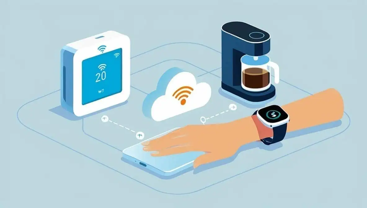 Illustration of IoT in everyday life with smartwatch, smartphone, smart thermostat and coffee maker connected via cloud
