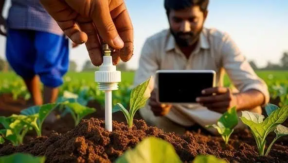 Indian farmer installing soil moisture sensor with tablet monitoring real-time data for smart irrigation in agriculture field