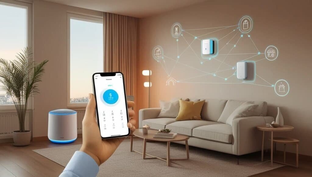 First-person view of a hand holding a smartphone running a smart home automation app, with visualized network connections between a smart speaker and wall-mounted IoT devices.