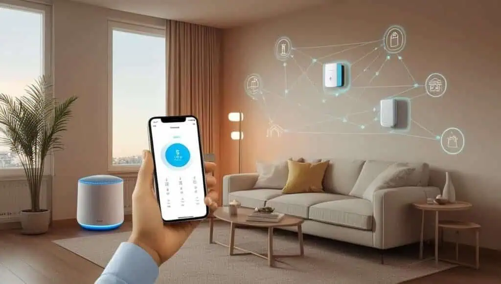 First-person view of a hand holding a smartphone running a smart home automation app, with visualized network connections between a smart speaker and wall-mounted IoT devices.