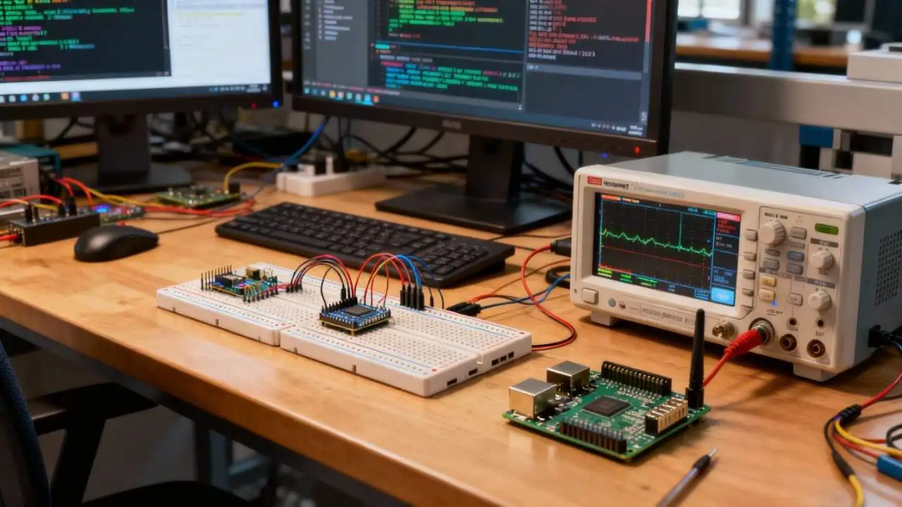 IoT lab workbench with breadboards, microcontroller boards, sensors, oscilloscope, and monitors displaying programming code for embedded systems development