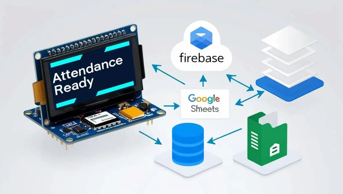 RFID based attendance system using ESP32 with OLED display connected to Firebase and Google Sheets