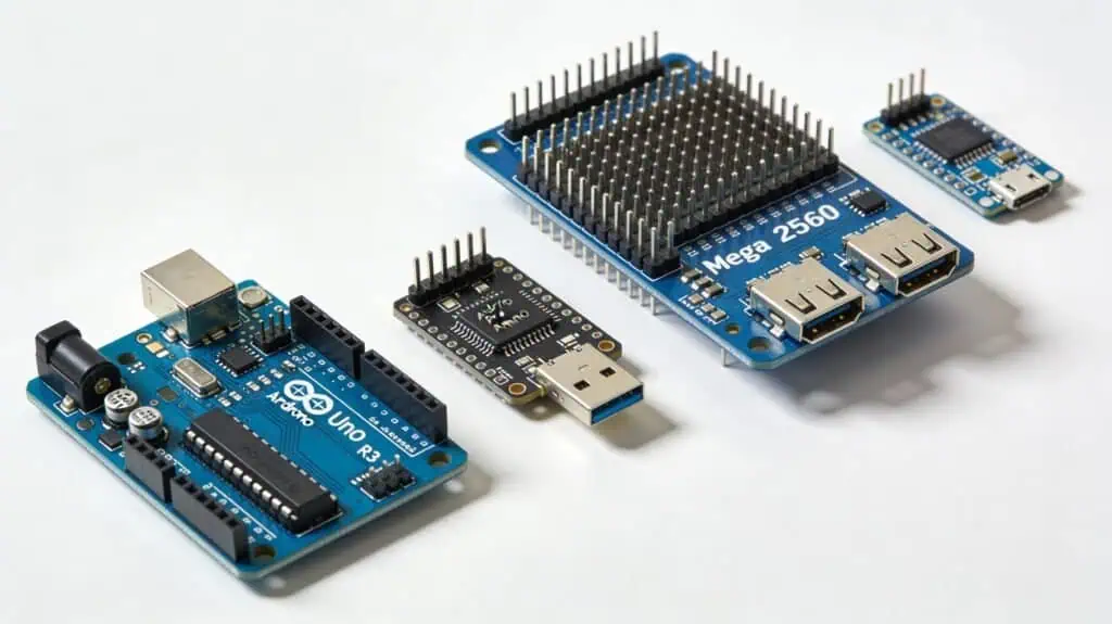 Collection of different Arduino-style microcontroller development boards of varying sizes arranged in a row, illustrating the range of Arduino microcontroller development boards.