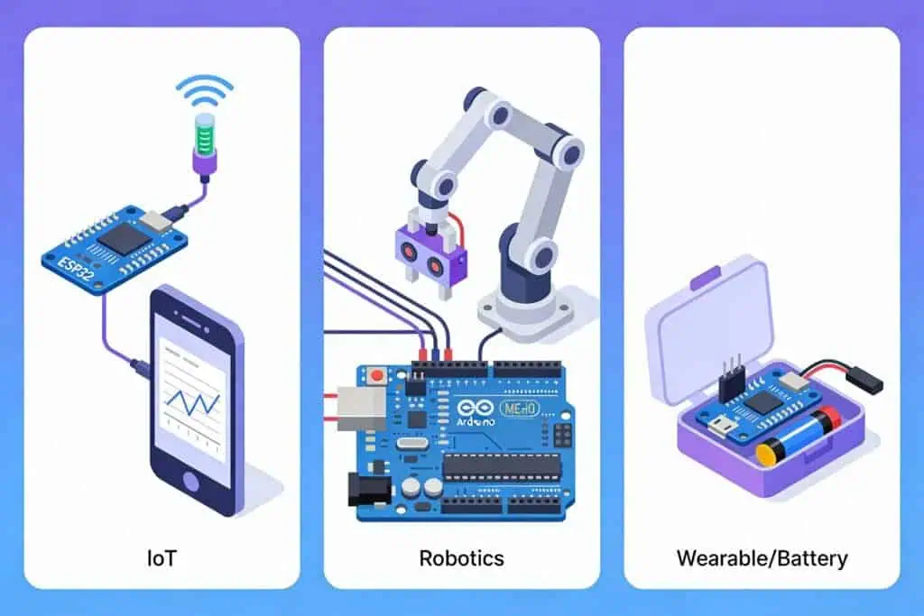 Illustration showing three microcontroller use cases: an ESP32 IoT board sending sensor data to a smartphone, an Arduino Mega controlling a robotic arm, and a compact battery-powered board inside a small case for wearable or portable projects.