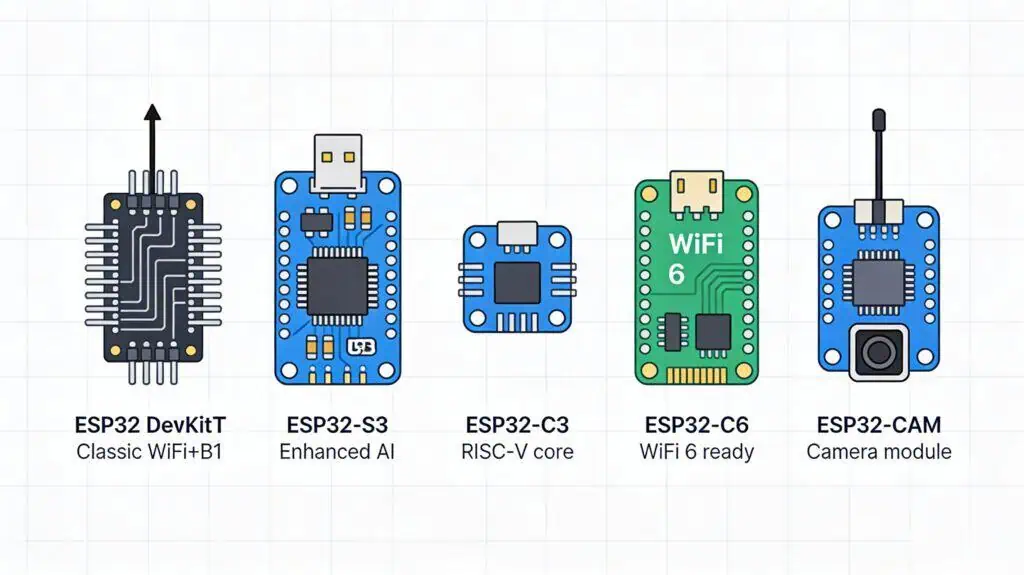 Vector-style lineup of multiple ESP32 development boards, comparing classic DevKit, ESP32-S3, ESP32-C3, ESP32-C6, and ESP32-CAM modules with different sizes, antennas, and connectors.