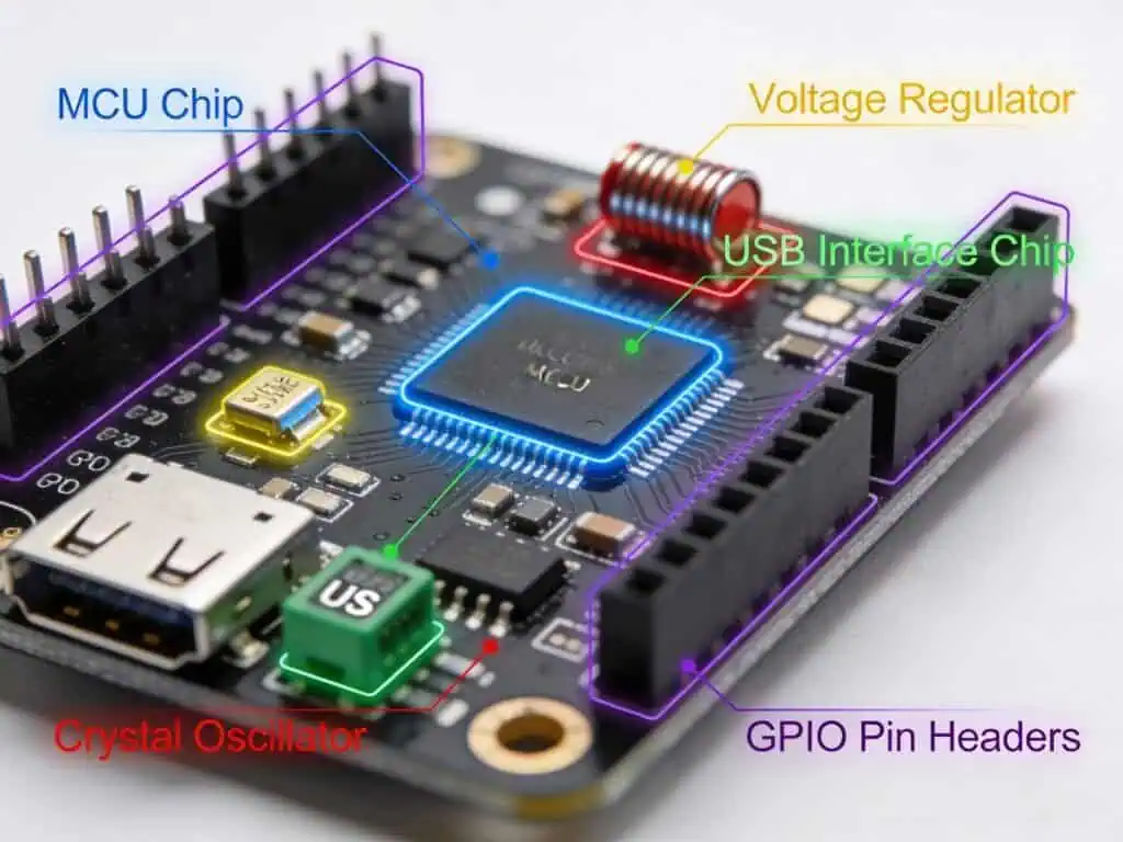 Labeled macro photo of a microcontroller development board showing the main components, including the central MCU chip, USB interface chip, voltage regulator, crystal oscillator, and GPIO pin headers, illustrating the key components inside every microcontroller board.