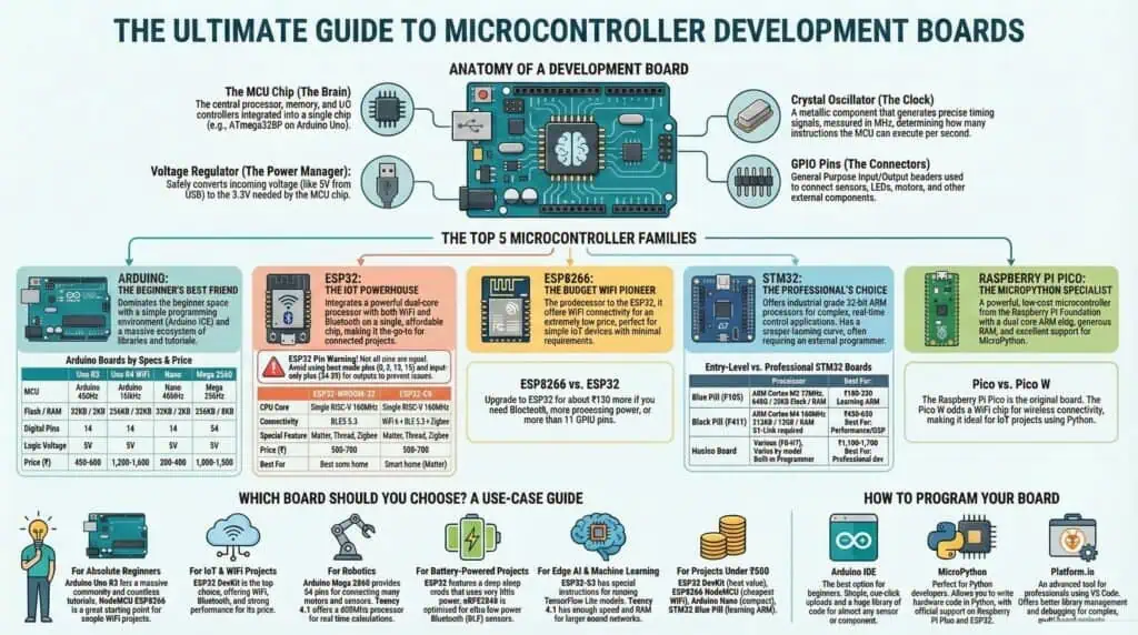 Infographic comparing Arduino, ESP32, ESP8266, STM32, and Raspberry Pi Pico boards with specs, pricing, and use cases