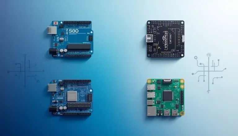 Arduino Uno, ESP32 DevKit, NodeMCU ESP8266, and Raspberry Pi 4 development boards on blue background
