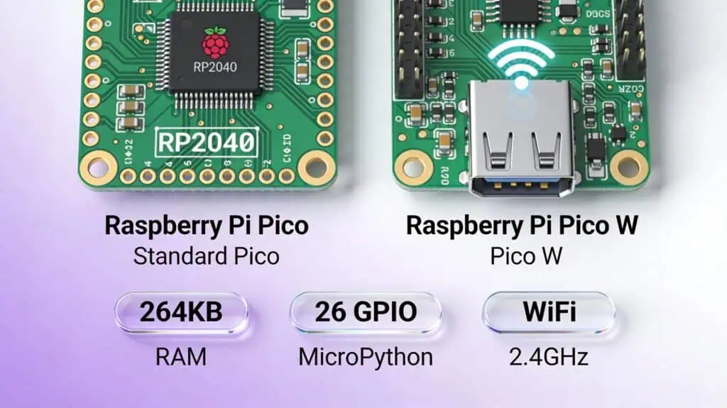 Side‑by‑side close‑up of Raspberry Pi Pico and Raspberry Pi Pico W boards, highlighting the RP2040 chip, USB connector, and text callouts for RAM, GPIO count, MicroPython support, and WiFi capability.
