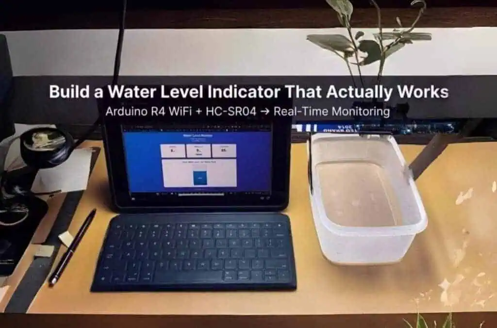 Arduino UNO R4 WiFi with HC-SR04 ultrasonic sensor for real-time water level monitoring and web dashboard