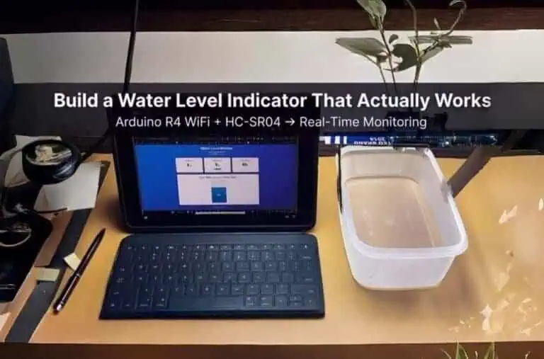 Arduino UNO R4 WiFi with HC-SR04 ultrasonic sensor for real-time water level monitoring and web dashboard