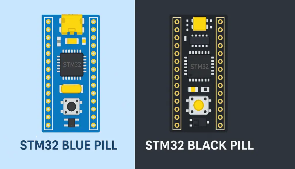 Side‑by‑side illustration of STM32 Blue Pill and STM32 Black Pill development boards, showing their pin headers, STM32 microcontroller chips, buttons, and layout differences on light and dark backgrounds.
