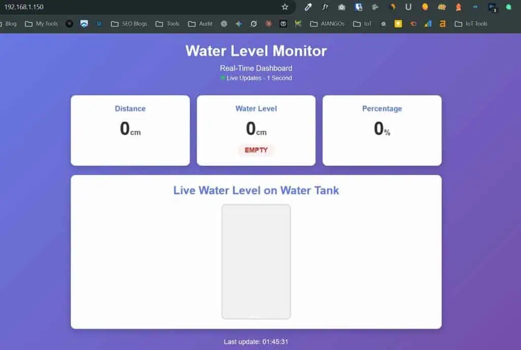 Water level indicator project dashboard at 192.168.1.150 showing Distance 0cm, Water Level 0cm with red EMPTY status, Percentage 0%, empty tank visualization, and green live update indicator on purple gradient background