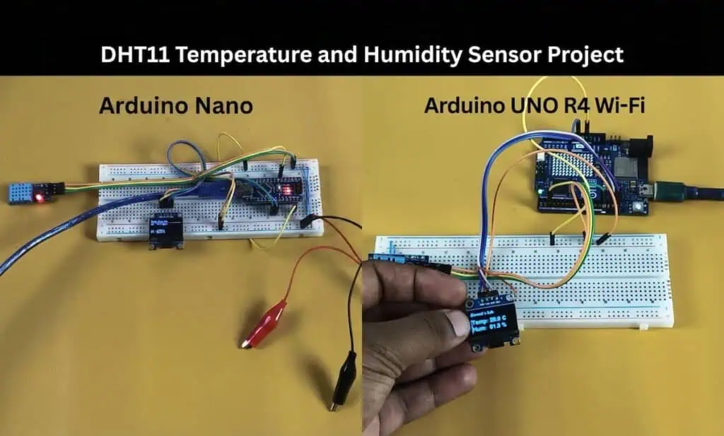 A side-by-side comparison of two DIY weather station setups on breadboards. The left side shows an Arduino Nano connected to a DHT11 sensor and a small OLED display. The right side shows an Arduino UNO R4 WiFi connected to the same components, with the OLED display being held to show real-time temperature and humidity readings.