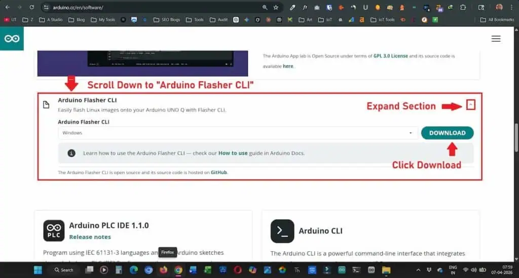 Step-by-step screenshot showing how to expand the Arduino Flasher CLI section and click download on the official Arduino website.