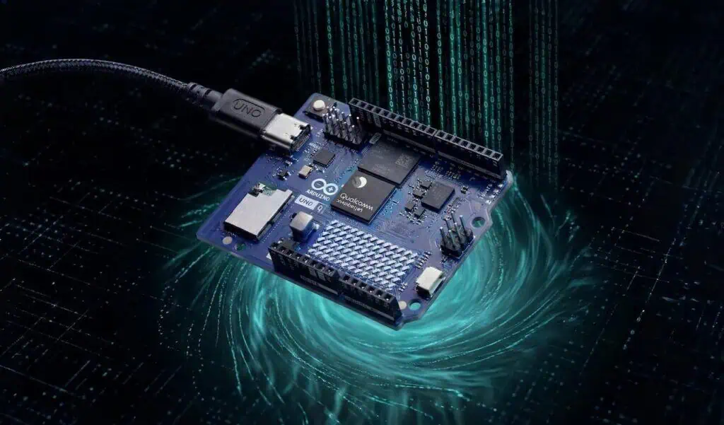 An Arduino UNO Q Qualcomm microcontroller board connected via USB-C, floating above a glowing teal digital vortex with binary code raining down, symbolizing a complete factory reset and eMMC data wipe.