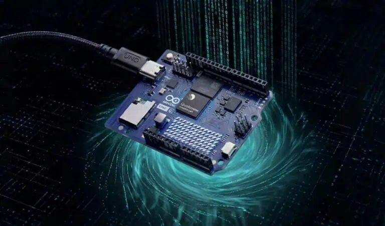 An Arduino UNO Q Qualcomm microcontroller board connected via USB-C, floating above a glowing teal digital vortex with binary code raining down, symbolizing a complete factory reset and eMMC data wipe.
