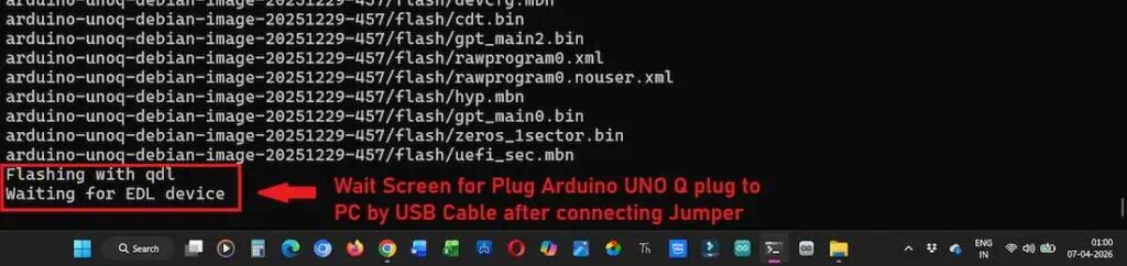 PowerShell terminal screen showing the 'Waiting for EDL device' prompt after the Debian image download and unzip process is complete.