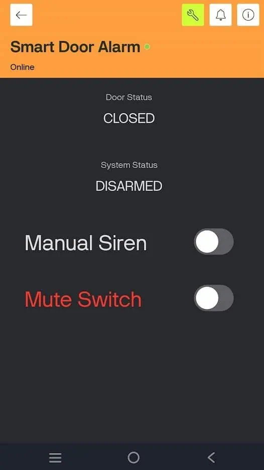 Blynk IoT mobile app interface showing large text for 'Door Status' and 'System Status' for immediate security monitoring.