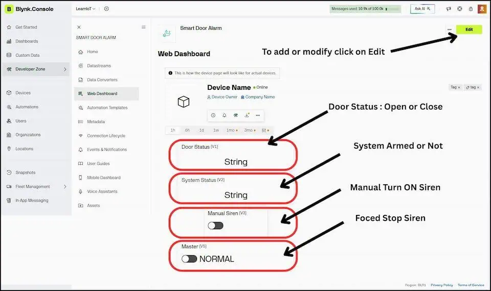 Blynk IoT web dashboard showing event logs, real-time door status, and system arming datastreams for a NodeMCU security build.