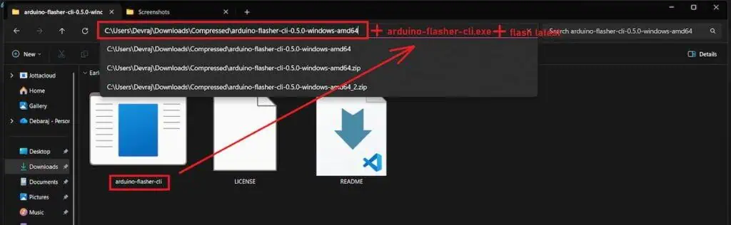 Screenshot demonstrating the full file path syntax in PowerShell for the Arduino Flasher CLI, combining the directory path with the flash latest command.