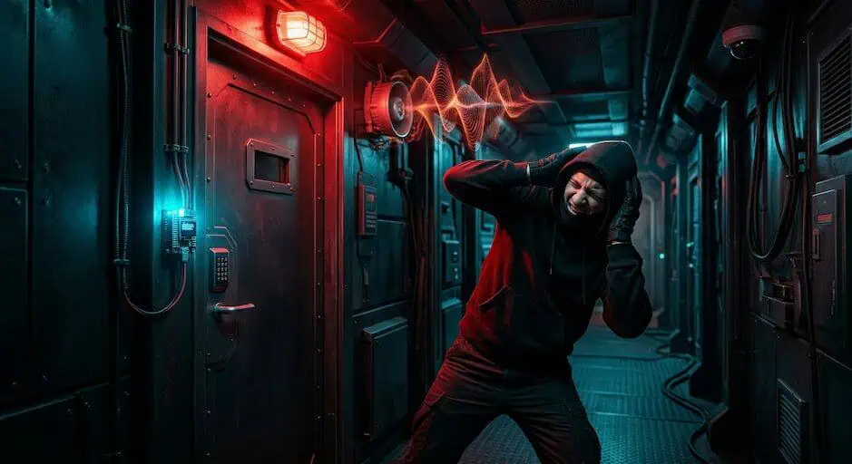A cinematic, AI-generated scene of a hooded intruder in a dark high-tech hallway recoiling in pain as a red strobe light and industrial siren, triggered by a NodeMCU door alarm, activate to deny entry.