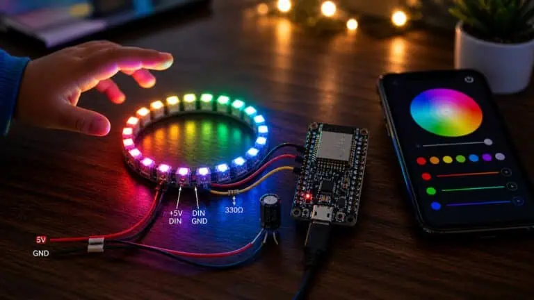 A child's hand reaching toward a glowing WS2812 RGB LED ring connected to an ESP32 board via red, black, and yellow jumper wires, with a smartphone showing a colorful LED control dashboard, on a dark wooden desk.