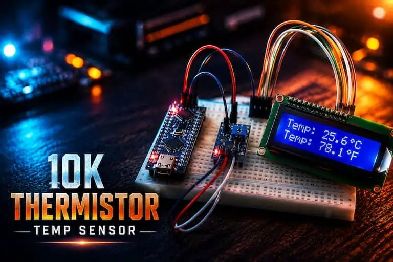 10K thermistor temperature sensor module connected to an Arduino Nano with an I2C LCD displaying real-time temperature readings on a breadboard.