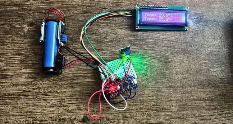 Arduino Nano connected to a 10K thermistor temperature sensor module and I2C LCD1602 display, powered by a rechargeable 18650 battery, showing real-time temperature readings.