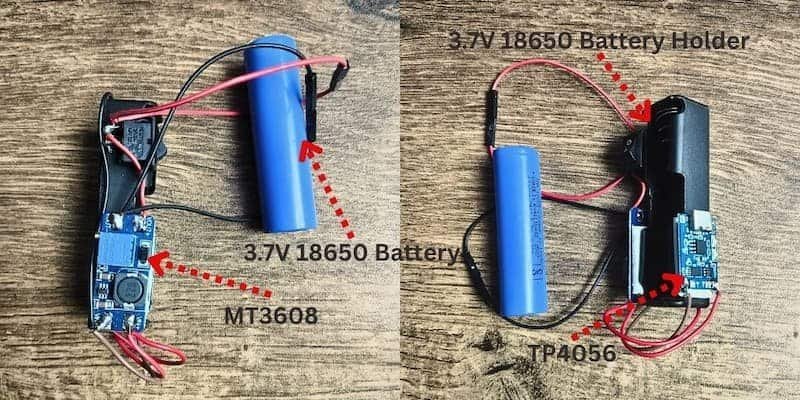 18650 Li-ion battery holder connected to a TP4056 charging module and an MT3608 boost converter for powering an Arduino Nano with a regulated 5V supply.