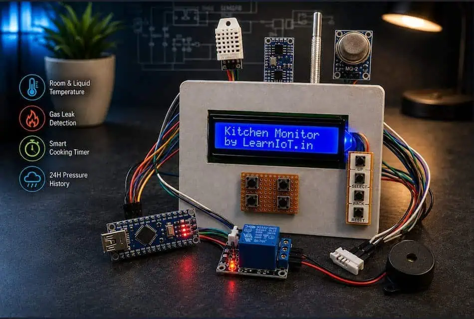 Arduino Nano smart kitchen monitor with LCD showing "Kitchen Monitor by LearnIoT.in," DHT22, BMP280, MQ2 gas sensor, DS18B20 probe, and buttons.