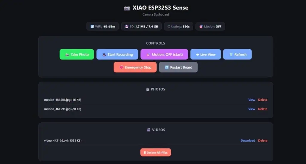 Web dashboard UI for the XIAO ESP32S3 Sense camera with controls, photos, and video files