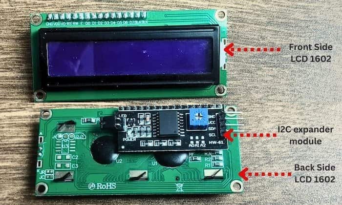 Front and back view of a 16x2 LCD1602 display module with an I2C backpack showing the PCF8574 I2C expander and SDA, SCL, VCC, and GND pins.