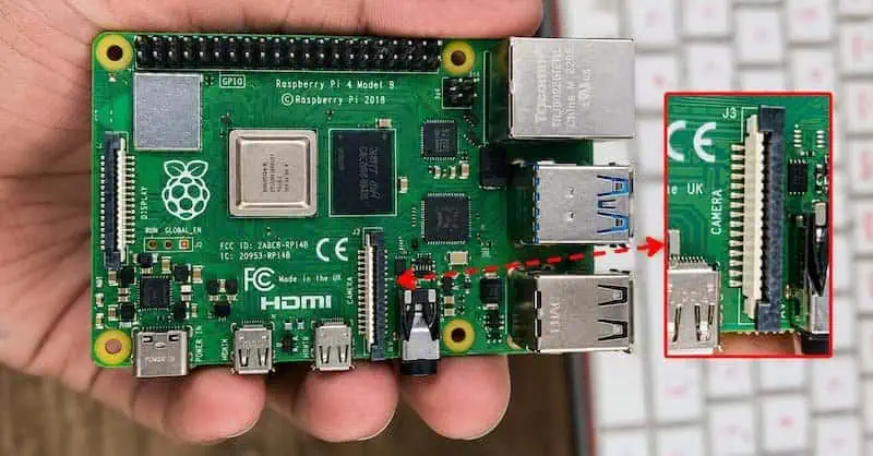 Close-up of a Raspberry Pi 4 Model B highlighting the CSI camera connector (J3) with a zoomed inset showing the ribbon cable locking connector used for the Raspberry Pi Camera Module.