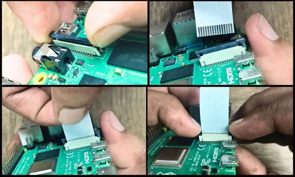 Step-by-step installation of the Raspberry Pi Camera Module on a Raspberry Pi 4 Model B, showing how to open the CSI connector, insert the 15-pin ribbon cable, and lock the connector securely.