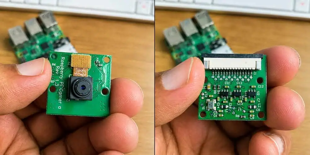 Close-up of the Raspberry Pi 5MP Camera Module showing the front with the camera lens and the back with the CSI ribbon cable connector.