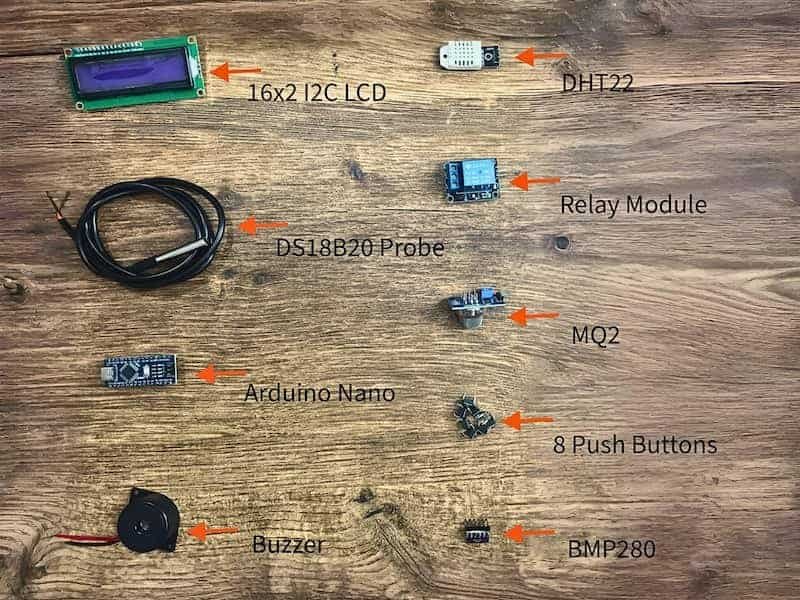 Components for the Arduino Nano smart kitchen monitor: DHT22, BMP280, DS18B20, MQ2, 16x2 I2C LCD, relay, and push buttons.