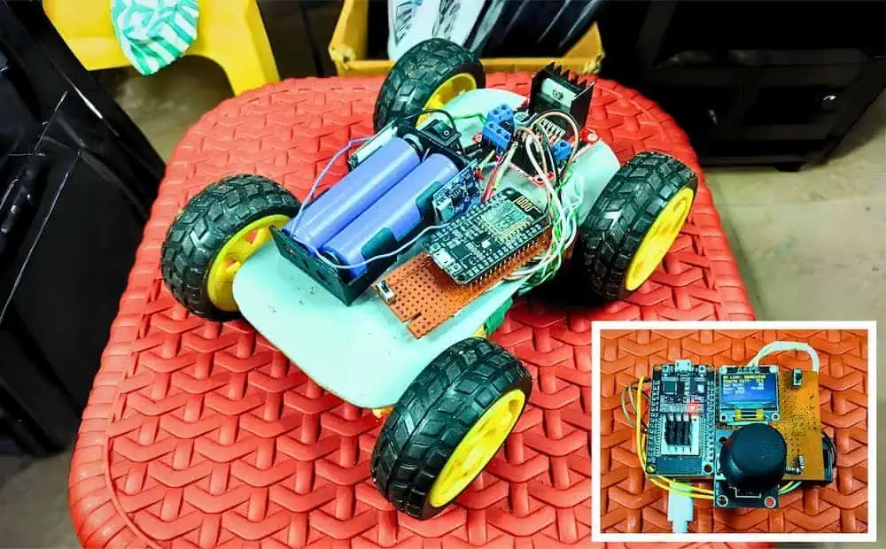 ESP8266 NodeMCU, L298N motor driver, and 18650 battery pack wired on a 4WD RC car chassis, with ESP32 remote controller inset