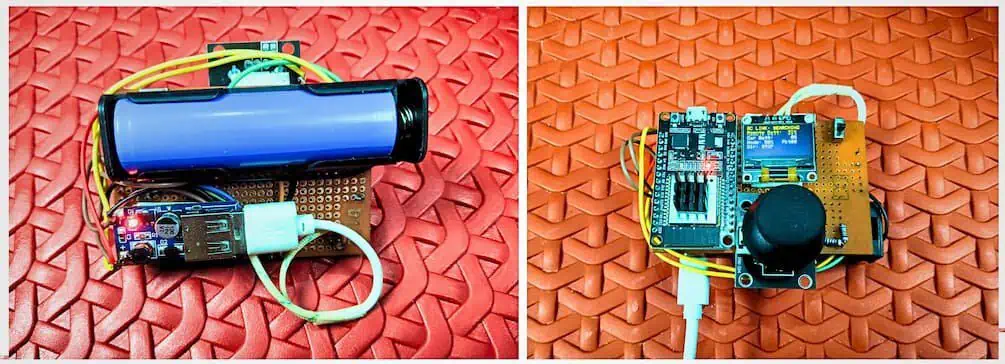 ESP32 remote controller power supply module and fully assembled unit with joystick and OLED display