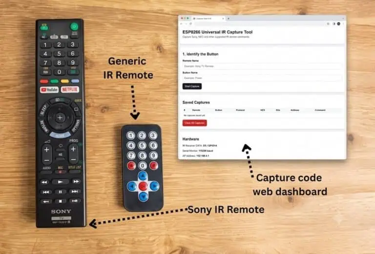 Generic IR remote and Sony TV remote beside a laptop screen showing the ESP8266 IR capture web dashboard with saved button captures.